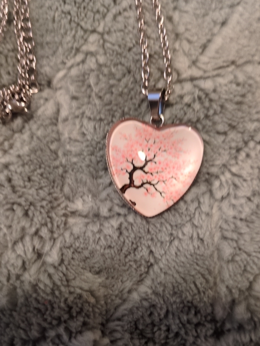 Giveaway Heart Pendant Necklace with Pink Cherry Blossom Design